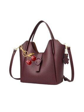 Vintage Faux Leather Bucket Crossbody Bag with Cherry Charm, Adjustable Strap